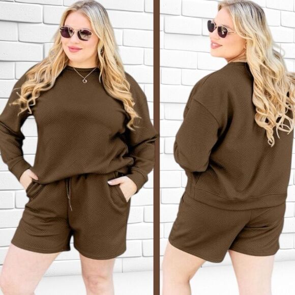 Double Take Tops - Boutique Brown Texture Long Sleeve Top and Shorts Lounge Set NWT